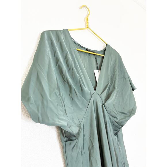 NWT Zara Green Satin Slip Midi Dress Sz Large Short Sleeve Cocktail Quiet Luxury - Picture 7 of 14